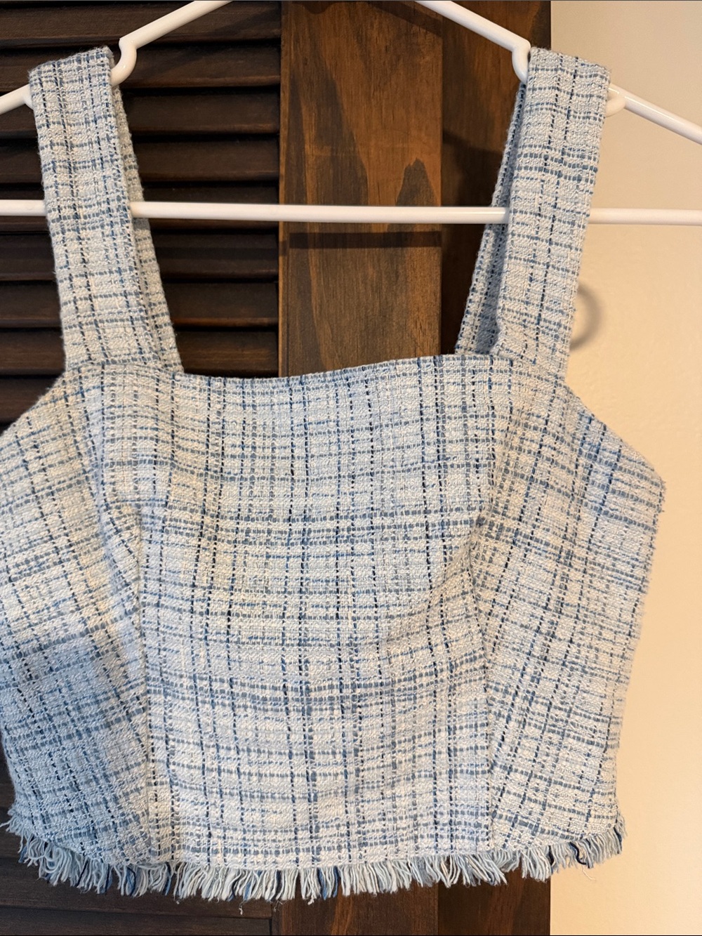 Blue Plaid Tweed Square-Neck Cropped tank